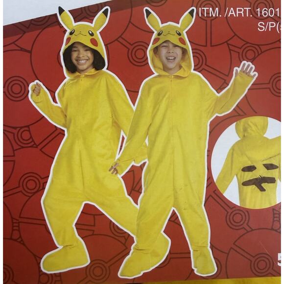 Pokémon Pikachu Costume Kids5-6 Hooded Jumpsuit & Tail ShoeCover Disguise Unisex - Picture 1 of 7